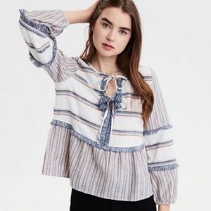 American Eagle Outfitters Blue and White Striped Blouse with Tassels